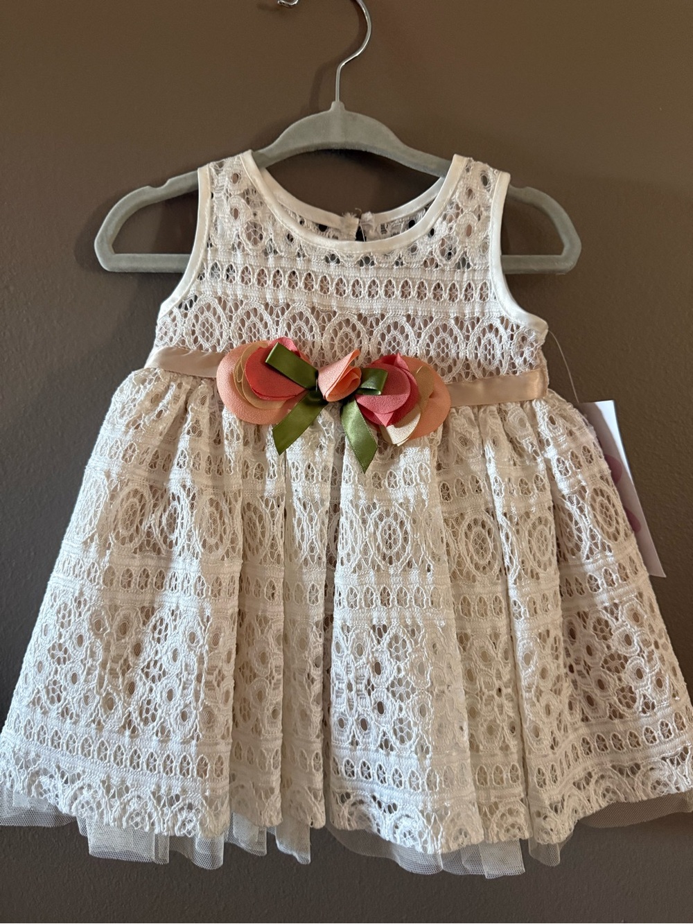 Macy's Ivory Lace Dress with Peach Floral Sash